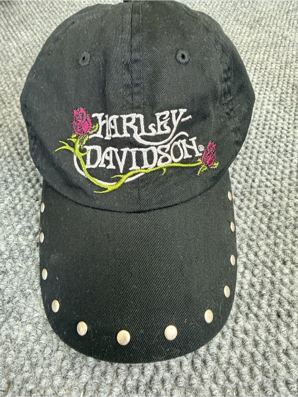 Harley-Davidson Black Baseball Cap with Pink Rose Embroidery and Studs
